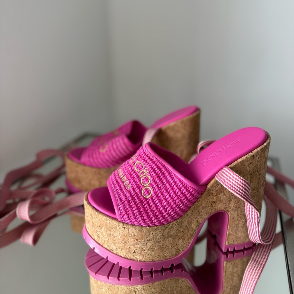 New Jimmy Choo Gal Raffia Cork Ankle-Tie Platform Sandals $750 38.5 - Picture 14 of 15
